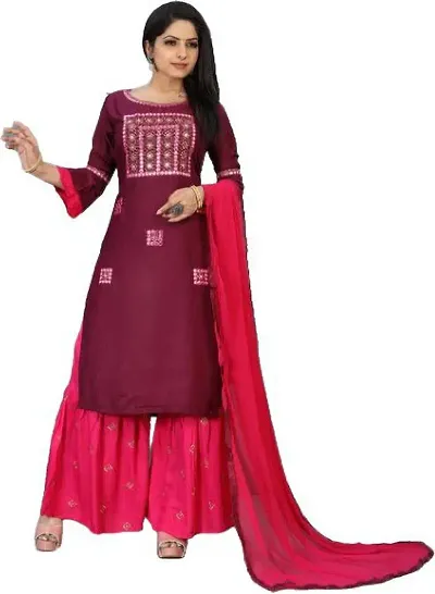 SHREE RAMDEV SILK MILLS Women's Relaxed Rayon Regular Woven Round Neck Kurta (Zarana-Red_M) Size :- Medium