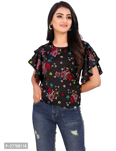 Fancy Black Crepe Printed Top For Women-thumb0