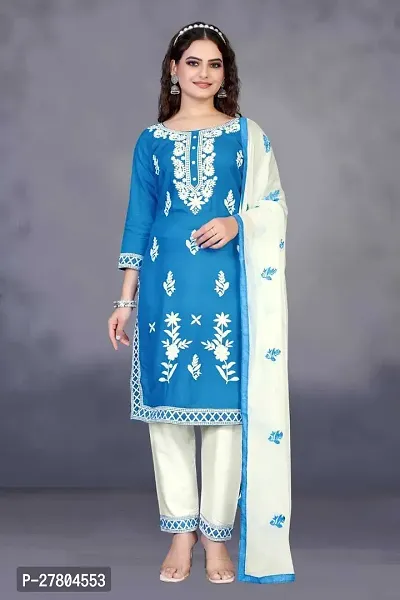 Stylish Cotton Blend Kurta With Pant And Dupatta Set For Women-thumb0