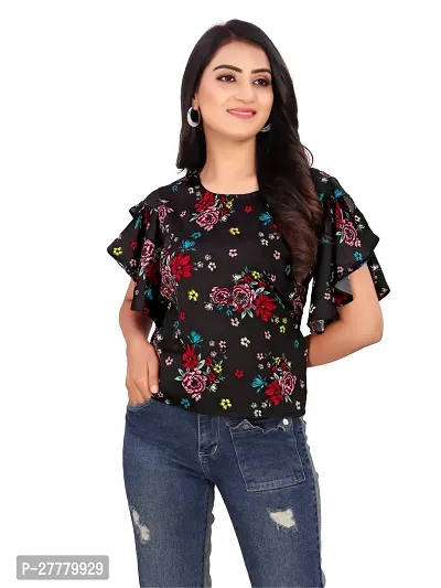 Fancy Black Crepe Printed Top For Women