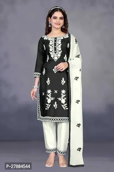 Stylish Cotton Blend Kurta With Pant And Dupatta Set For Women-thumb0