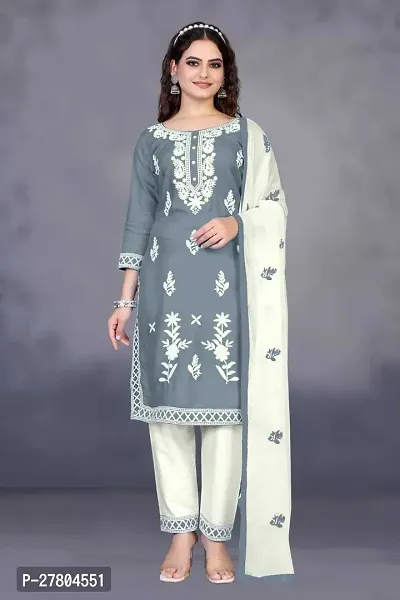 Stylish Cotton Blend Kurta With Pant And Dupatta Set For Women-thumb0