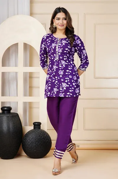 Stylish Cotton Self Pattern Short Kurti Bottom Set