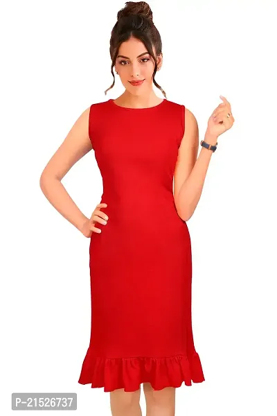 Classic Red Polyester Solid Dress For Women
