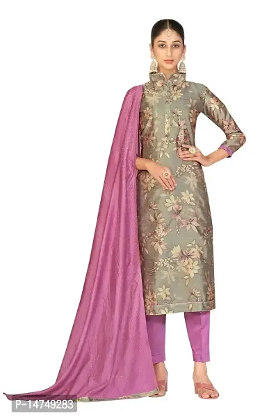 Women Grey Floral Print Hand Embroidery Work With Perfact Contrast Purple Dupatta Work-thumb0