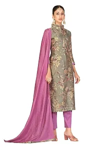 Women Grey Floral Print Hand Embroidery Work With Perfact Contrast Purple Dupatta Work-thumb1