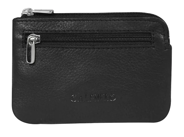 Genuine Leather Key Case Cum Coin Purse-Key Coin Holder with with Zip and Slip Pocket-Black Leather Key Case by Calfnero