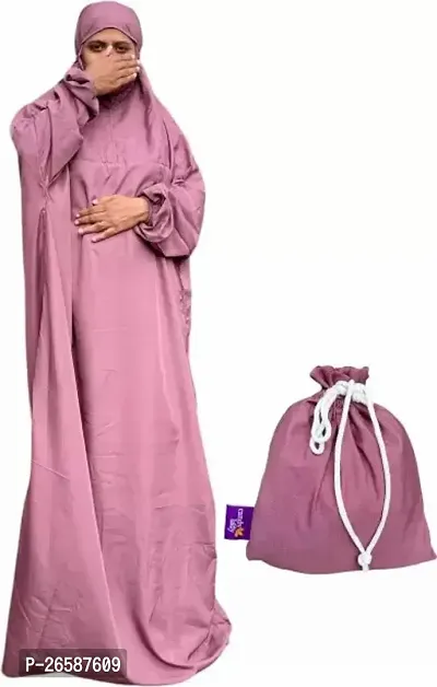 Pure Crepe Solid Abaya With Hijab Pink-thumb0