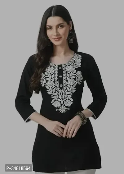 Attractive Black Embroidered Rayon Short Kurti For Women-thumb0