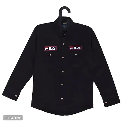 RED FOGG Kid's Pure Cotton Shirt Casual Round Neck Spread Collar Solid Color Shirt for Boys Full Sleeve - 1 Piece Black-thumb0