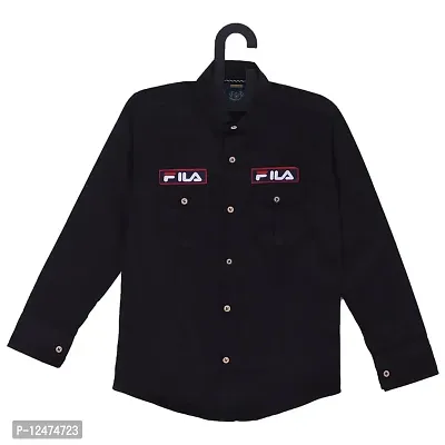 RED FOGG Kid's Pure Cotton Textured Printed Shirt Casual Round Neck Spread Collar Solid Color Shirt for Boys Full Sleeve - 1 Piece Black-thumb0