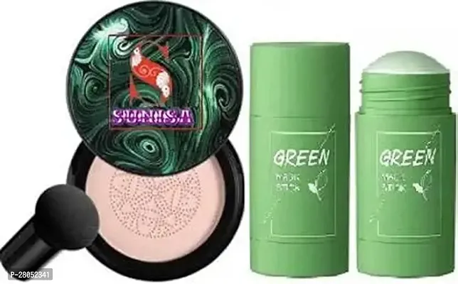 SUNISA BB and CC Cream Foundation With Mushroom Head Air Cushion 20g and 1 Green Tea Stick Mask - (Pack of 2)-thumb0