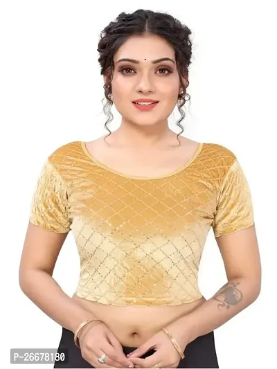 RTI GROUP Round Neck Lycra Hosiery Stretchable Elbow Sleeve Readymade Saree Blouse for Women Stylish (Free Size, Cream)-thumb0