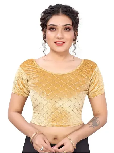 RTI GROUP Round Neck Lycra Hosiery Stretchable Elbow Sleeve Readymade Saree Blouse for Women Stylish (Free Size, Cream)