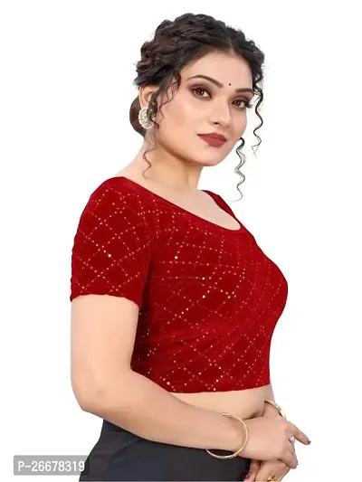 RTI GROUP Round Neck Lycra Hosiery Stretchable Elbow Sleeve Readymade Saree Blouse for Women Stylish (Free Size, Maroon)-thumb2