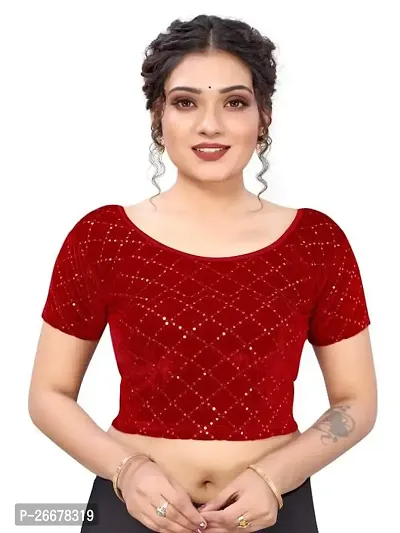 RTI GROUP Round Neck Lycra Hosiery Stretchable Elbow Sleeve Readymade Saree Blouse for Women Stylish (Free Size, Maroon)