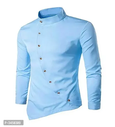Men's Blue Cotton Blend Solid  Long Sleeves Slim Fit Casual Shirt