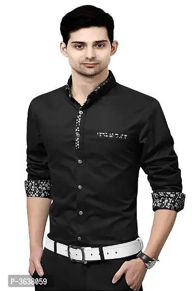 Men's Black Cotton Solid Long Sleeves Slim Fit Casual Shirt-thumb0