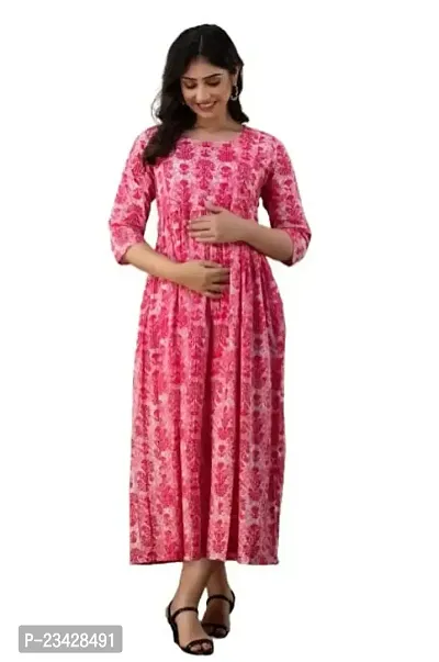 Kita Fashion Pure Cotton Anarkali Kurtis/Feeding Dress with Zippers for Pregnant Womens | All Over Printed Feeding Dress for Mothers Pink (L)-thumb0
