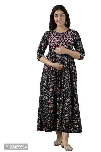 The Style Syndicate Pure Cotton Anarkali Feeding Dress/Kurti with Zippers for Womens Dark Green Round Neck Kurti All Over Printed Feeding Dress-thumb2