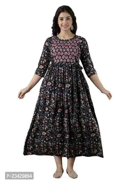 The Style Syndicate Pure Cotton Anarkali Feeding Dress/Kurti with Zippers for Womens Dark Green Round Neck Kurti All Over Printed Feeding Dress-thumb0