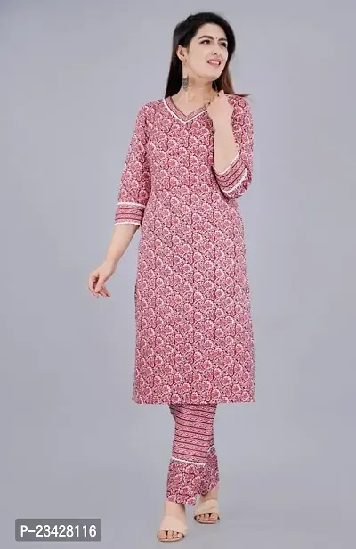 Kita Fashion Women's Floral Painted Cotton Kurti with Pant Set | 3/4 Sleeves Kurti for Women | Ethnic wear Kurti Cotton Kurtis for Women-thumb2