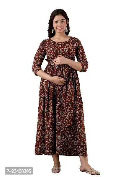 Kita Fashion Pure Cotton Anarkali Comfortable Maternity Feeding Kurta Dress with Zippers for Pregnant Womens | All Over Printed Feeding Dress for Mothers-thumb0