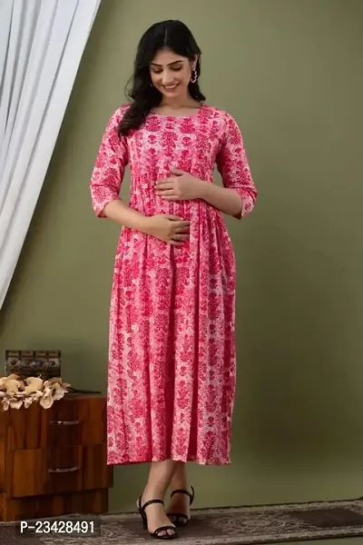Kita Fashion Pure Cotton Anarkali Kurtis/Feeding Dress with Zippers for Pregnant Womens | All Over Printed Feeding Dress for Mothers Pink (L)-thumb3
