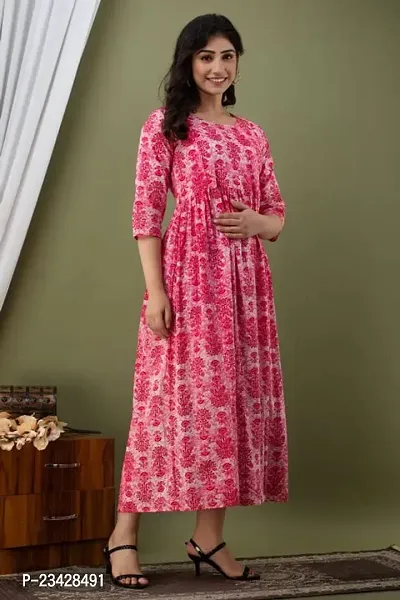 Kita Fashion Pure Cotton Anarkali Kurtis/Feeding Dress with Zippers for Pregnant Womens | All Over Printed Feeding Dress for Mothers Pink (L)-thumb2