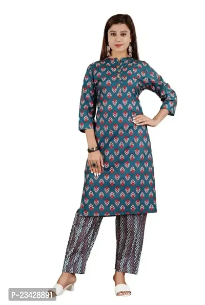 The Style Syndicate Fashion Floral Printed Cotton Kurti Set for Womens Banded Collar Calf Length Blue Kurti with Pant