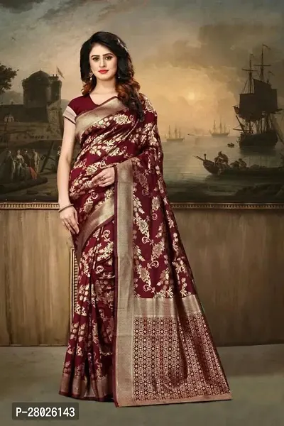Stylish Silk Blend Maroon Banarasi Silk Saree With Blouse Piece-thumb0