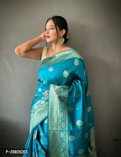 Stylish Silk Blend Blue Banarasi Silk Saree With Blouse Piece-thumb3