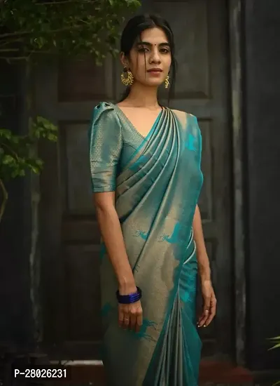 Stylish Silk Blend Blue Banarasi Silk Saree With Blouse Piece-thumb2