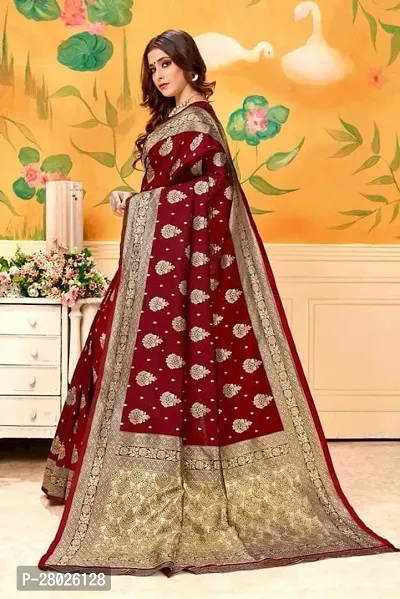Stylish Silk Blend Maroon Banarasi Silk Saree With Blouse Piece-thumb3