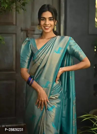 Stylish Silk Blend Blue Banarasi Silk Saree With Blouse Piece-thumb4