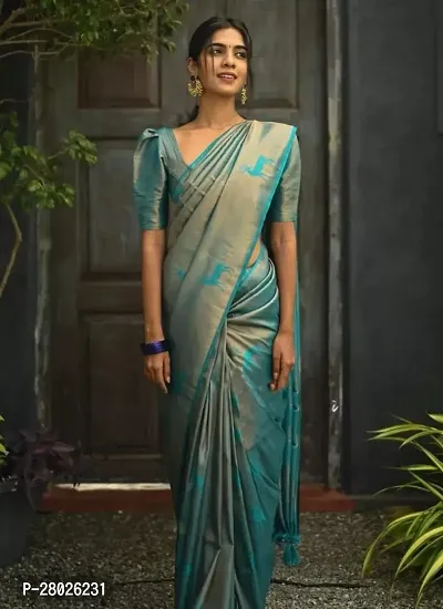 Stylish Silk Blend Blue Banarasi Silk Saree With Blouse Piece-thumb0