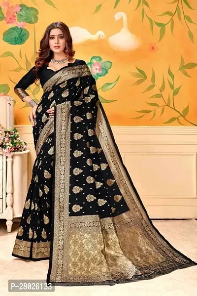 Stylish Silk Blend Black Banarasi Silk Saree With Blouse Piece-thumb0