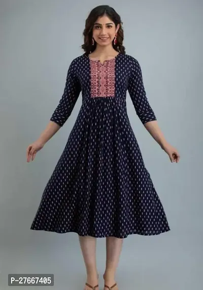 Elegant Navy Blue Rayon Printed Flared Kurta For Women-thumb0