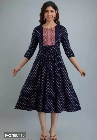 Elegant Navy Blue Rayon Printed Flared Kurta For Women-thumb0