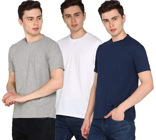 Jungle Berry Men's Plain Round Neck T-Shirt Half Sleeve Pack of 3 (M, Grey,White,Navy)