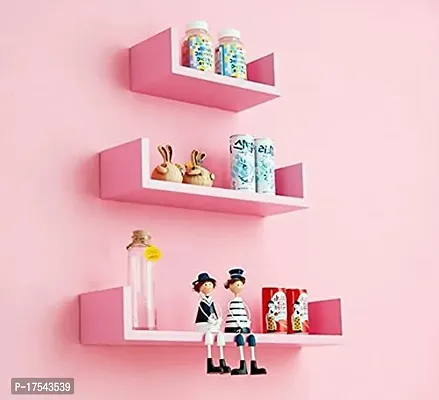 Unique Wooden Handicrafts Wooden Wall Rack Shelves Set of 3 Shelves Extra Large (5.5 x 16 x 4, 4.5 x 12 x 4, 4 x 8 x 4 inches) Home Decoration Wall Decor (Pink)