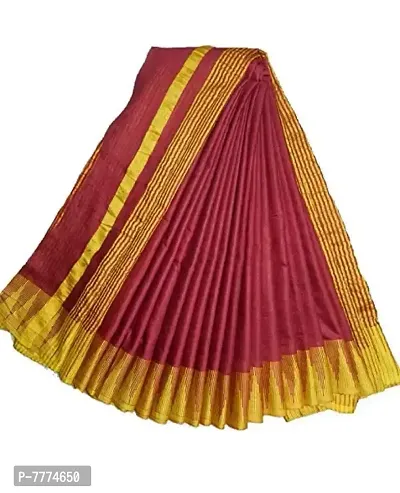 ZA Handloom Women's Linen Kota Silk Temple Border Saree with Blouse Piece (Red)-thumb0