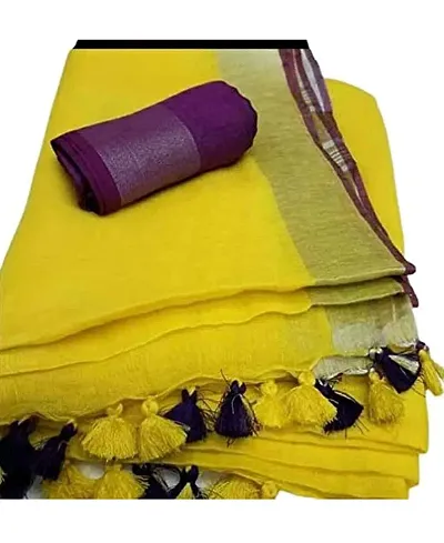 Za Handloom Women's Linen Slub Saree with 1 Blouse Piece (ZA1034, Yellow)