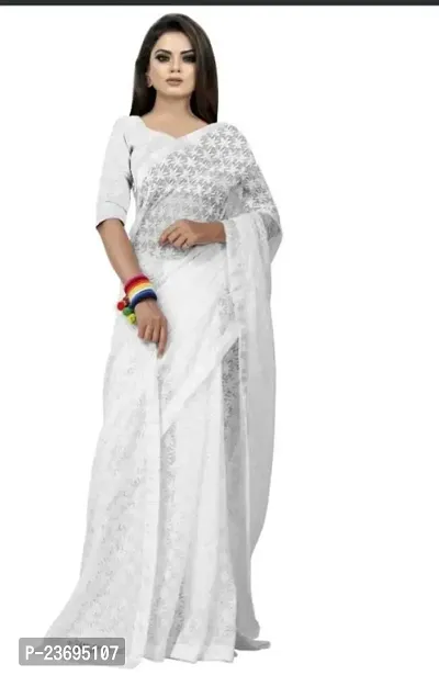 Stylish Net White Embroidered Saree with Blouse Piece-thumb0