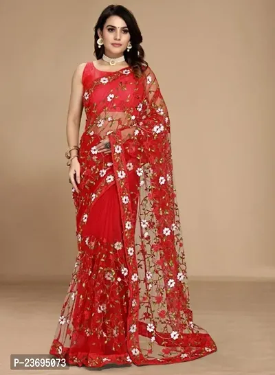 Stylish Net Red Embroidered Saree with Blouse Piece-thumb0