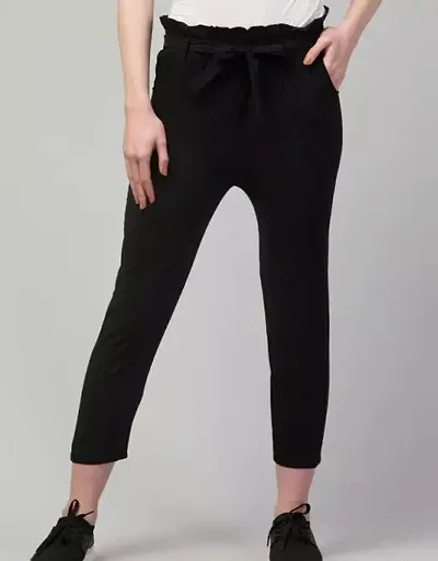Elegant Black Cotton Blend Solid Trousers For Women