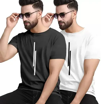 Pack of 2 BLACK-WHITE-2Pcs COMBO Men Striped Round Neck T-Shirt