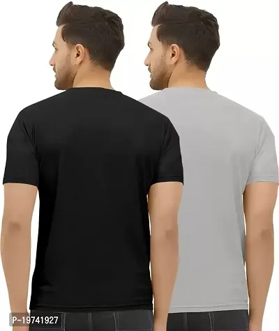 Pack of 2 Black-Grey-2 Pcs Combo Men Striped Round Neck Polyester T-Shirt-thumb3
