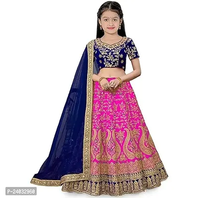 ClothesShop Girl's Taffeta Satin Semi-stitched Lehenga Choli-thumb0