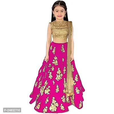 ClothesShop Girl's Taffeta Satin Semi-Stitched Lehenga Choli-thumb0